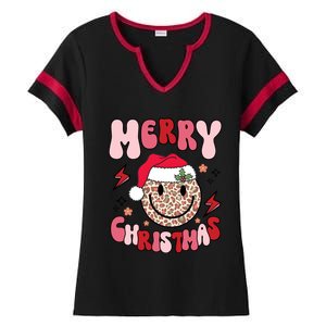 Merry Christmas Smile Face Santa Claus Hat Groovy Retro Great Gift Ladies Halftime Notch Neck Tee