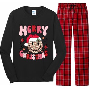 Merry Christmas Smile Face Santa Claus Hat Groovy Retro Great Gift Long Sleeve Pajama Set