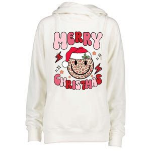 Merry Christmas Smile Face Santa Claus Hat Groovy Retro Great Gift Womens Funnel Neck Pullover Hood