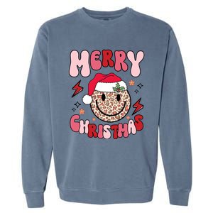 Merry Christmas Smile Face Santa Claus Hat Groovy Retro Great Gift Garment-Dyed Sweatshirt