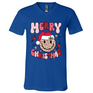 Merry Christmas Smile Face Santa Claus Hat Groovy Retro Great Gift V-Neck T-Shirt