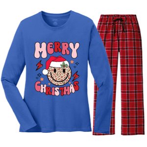 Merry Christmas Smile Face Santa Claus Hat Groovy Retro Great Gift Women's Long Sleeve Flannel Pajama Set 