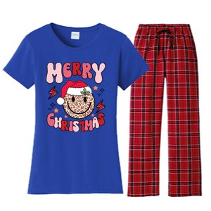 Merry Christmas Smile Face Santa Claus Hat Groovy Retro Great Gift Women's Flannel Pajama Set