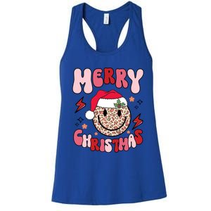 Merry Christmas Smile Face Santa Claus Hat Groovy Retro Great Gift Women's Racerback Tank