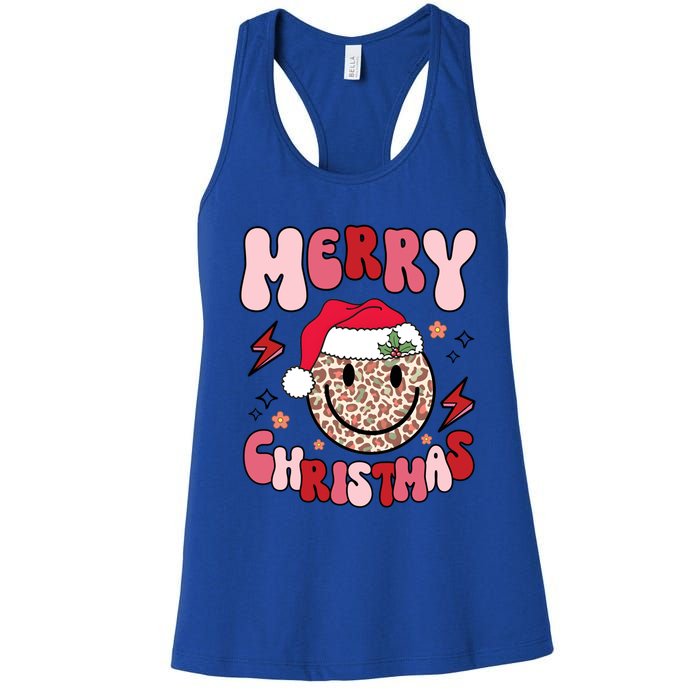 Merry Christmas Smile Face Santa Claus Hat Groovy Retro Great Gift Women's Racerback Tank