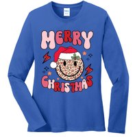 Merry Christmas Smile Face Santa Claus Hat Groovy Retro Great Gift Ladies Long Sleeve Shirt