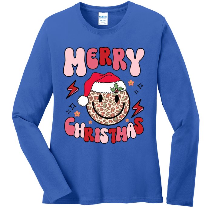 Merry Christmas Smile Face Santa Claus Hat Groovy Retro Great Gift Ladies Long Sleeve Shirt