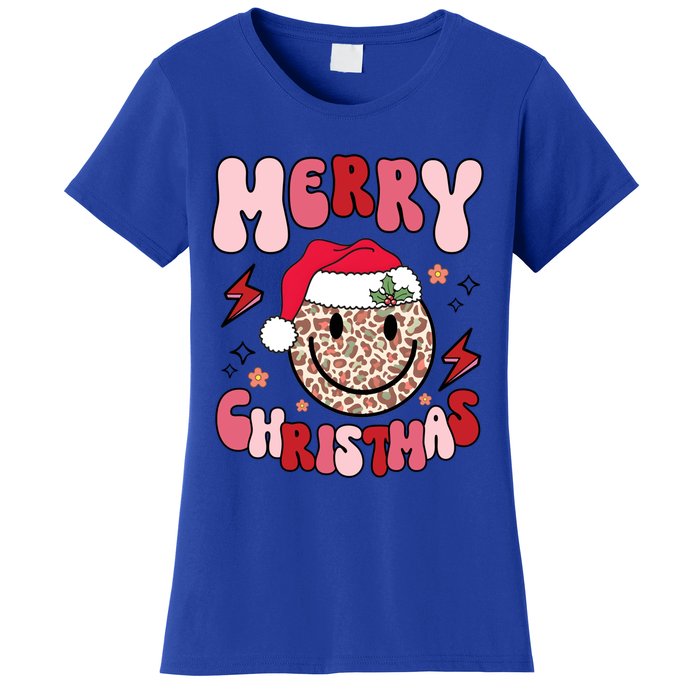 Merry Christmas Smile Face Santa Claus Hat Groovy Retro Great Gift Women's T-Shirt