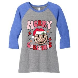 Merry Christmas Smile Face Santa Claus Hat Groovy Retro Great Gift Women's Tri-Blend 3/4-Sleeve Raglan Shirt