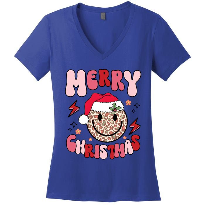 Merry Christmas Smile Face Santa Claus Hat Groovy Retro Great Gift Women's V-Neck T-Shirt