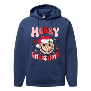 Merry Christmas Smile Face Santa Claus Hat Groovy Retro Great Gift Performance Fleece Hoodie