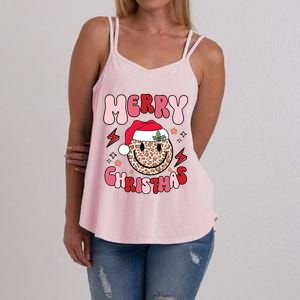 Merry Christmas Smile Face Santa Claus Hat Groovy Retro Great Gift Women's Strappy Tank