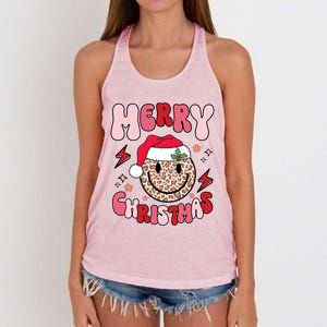 Merry Christmas Smile Face Santa Claus Hat Groovy Retro Great Gift Women's Knotted Racerback Tank