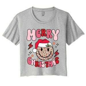 Merry Christmas Smile Face Santa Claus Hat Groovy Retro Great Gift Women's Crop Top Tee