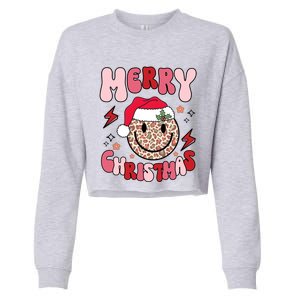 Merry Christmas Smile Face Santa Claus Hat Groovy Retro Great Gift Cropped Pullover Crew