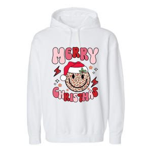 Merry Christmas Smile Face Santa Claus Hat Groovy Retro Great Gift Garment-Dyed Fleece Hoodie