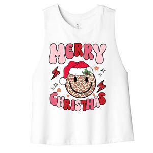 Merry Christmas Smile Face Santa Claus Hat Groovy Retro Great Gift Women's Racerback Cropped Tank