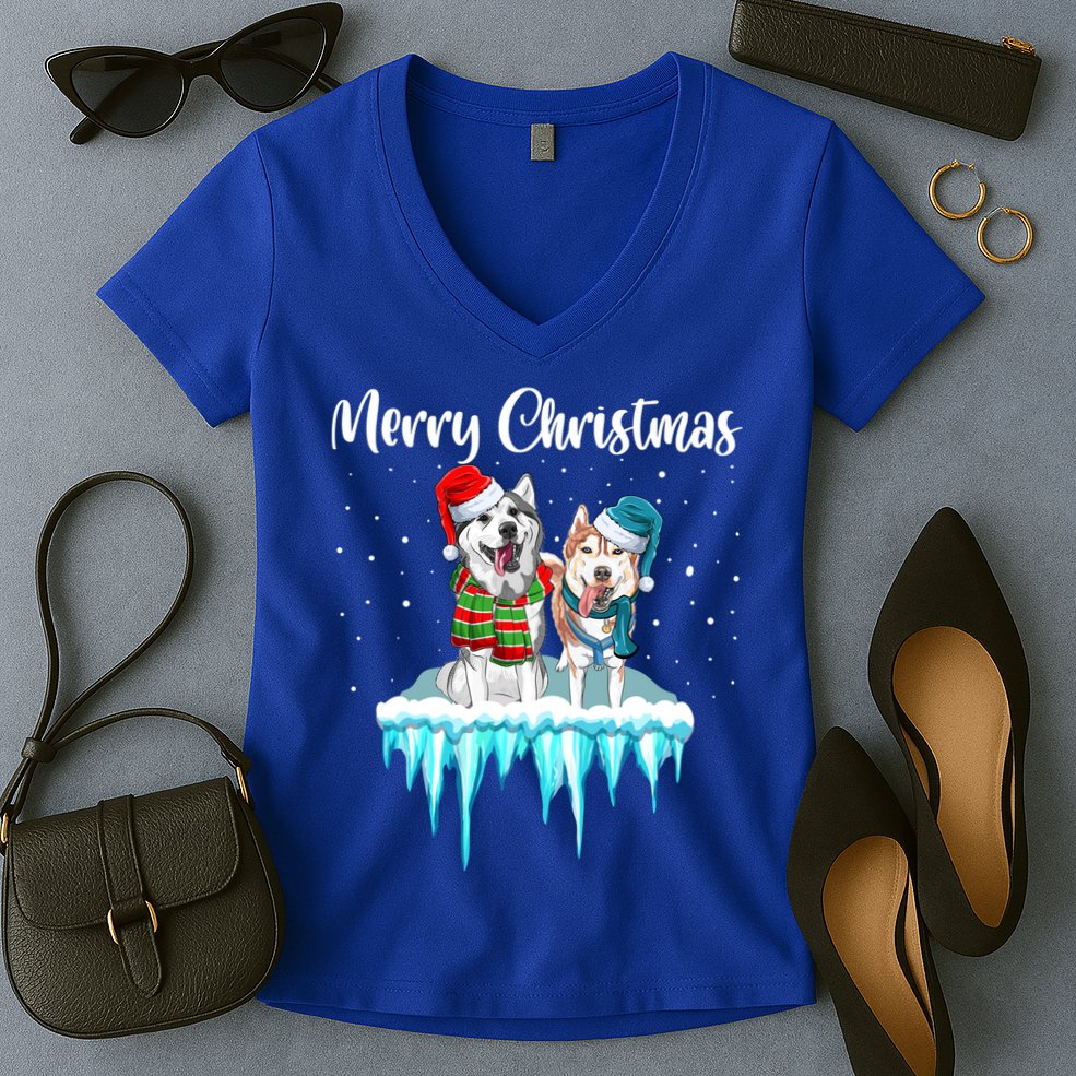 Merry Christmas Siberian Husky Chistmas Season Gift Women's V-Neck T-Shirt