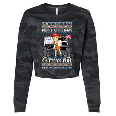 Merry Christmas Shitters Full Trump Ugly Christmas Sweater Cropped Pullover Crew