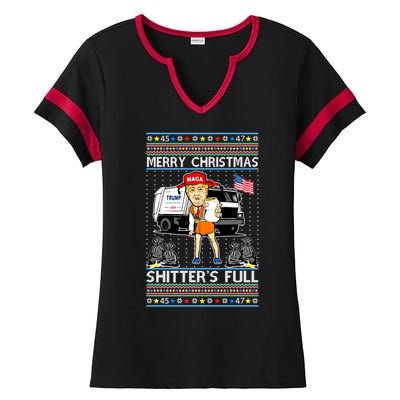 Merry Christmas Shitters Full Trump Ugly Christmas Sweater Ladies Halftime Notch Neck Tee