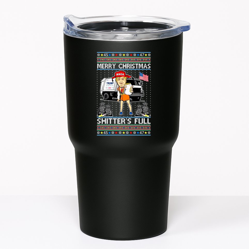 Merry Christmas Shitters Full Trump Ugly Christmas Sweater Tumbler