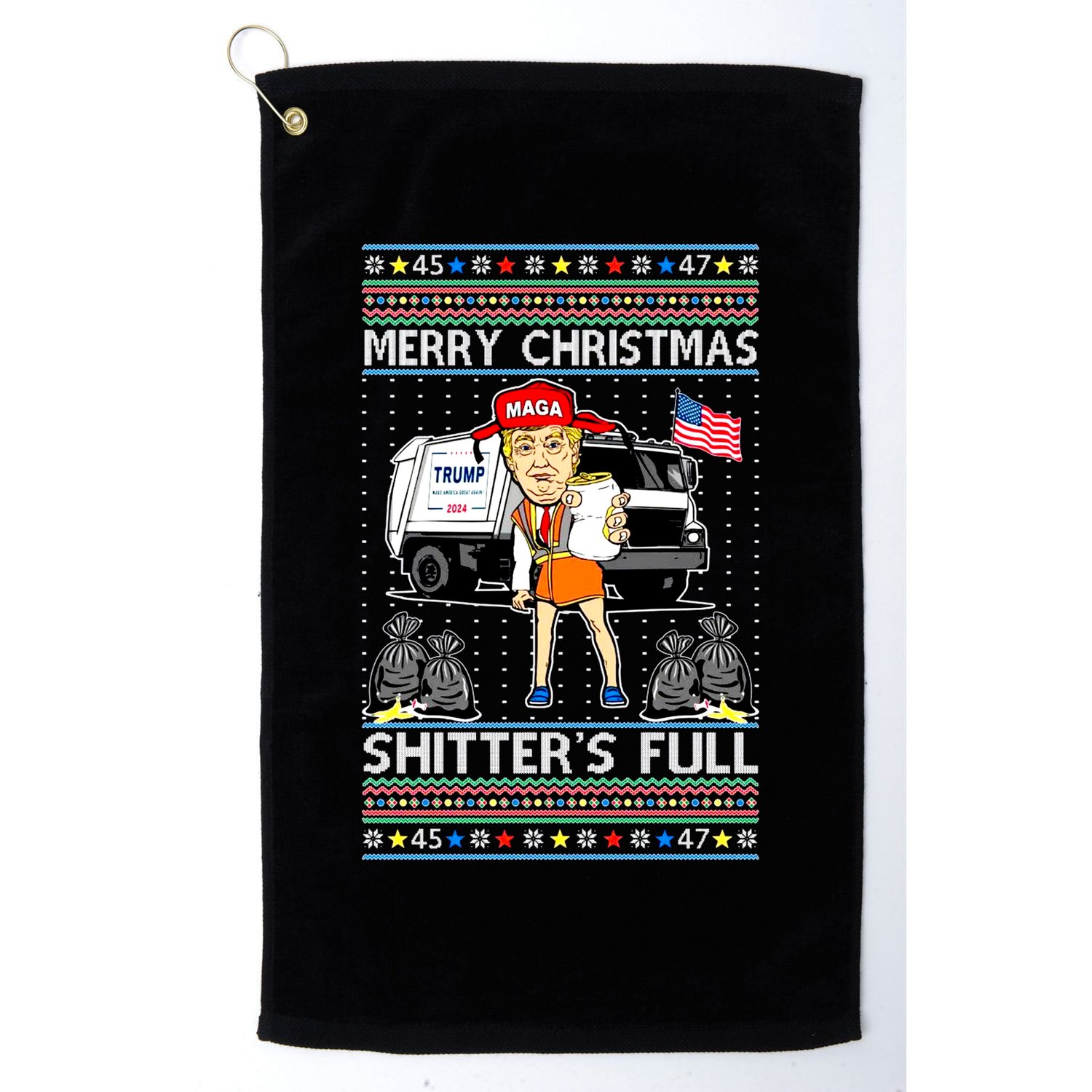 Merry Christmas Shitters Full Trump Ugly Christmas Sweater Golf Towel