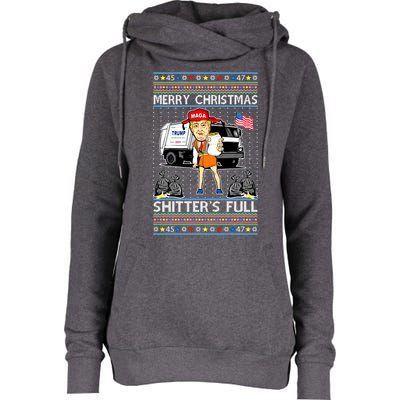 Merry Christmas Shitters Full Trump Ugly Christmas Sweater Womens Funnel Neck Pullover Hood