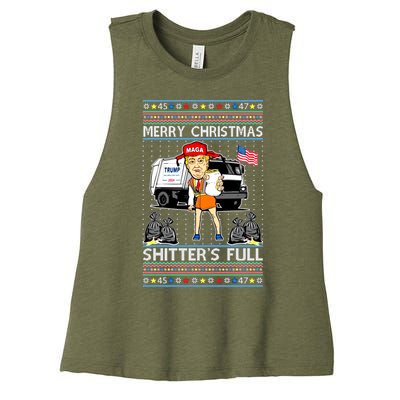 Merry Christmas Shitters Full Trump Ugly Christmas Sweater Women's Racerback Cropped Tank