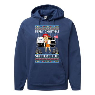 Merry Christmas Shitters Full Trump Ugly Christmas Sweater Performance Fleece Hoodie