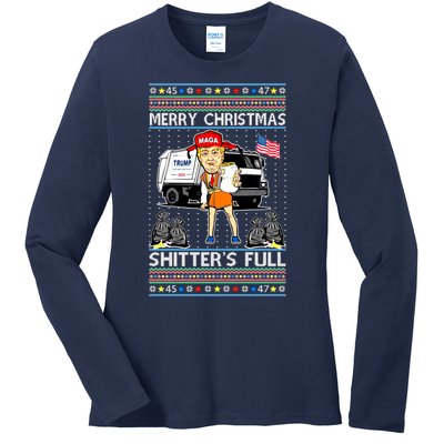 Merry Christmas Shitters Full Trump Ugly Christmas Sweater Ladies Long Sleeve Shirt