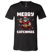 Merry Catchmas Santa Claus Baseball Catcher Xmas Christmas V-Neck T-Shirt