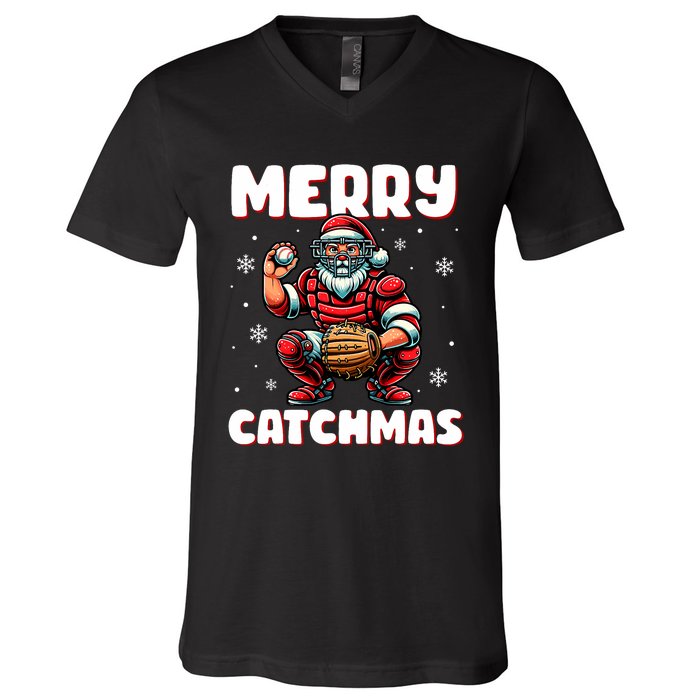 Merry Catchmas Santa Claus Baseball Catcher Xmas Christmas V-Neck T-Shirt