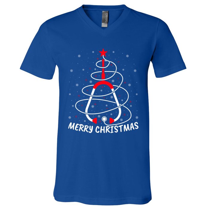 Merry Christmas Stethoscope Nursing Nurse Christmas Tree Funny Gift V-Neck T-Shirt