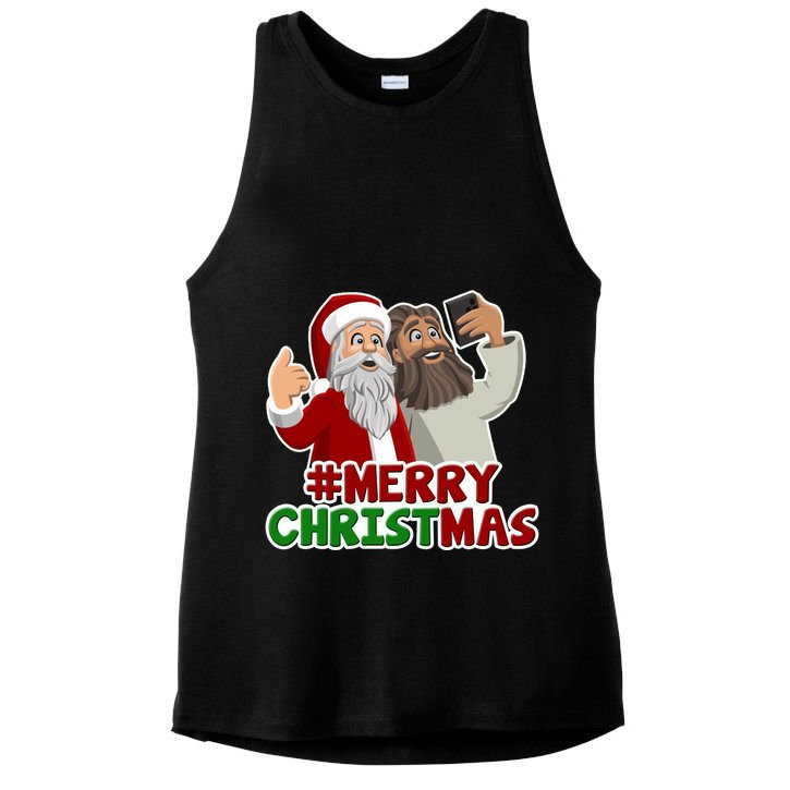 Merry Christmas Santa Jesus Selfie Funny Holiday Ladies PosiCharge Tri-Blend Wicking Tank