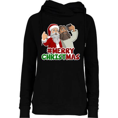 Merry Christmas Santa Jesus Selfie Funny Holiday Womens Funnel Neck Pullover Hood