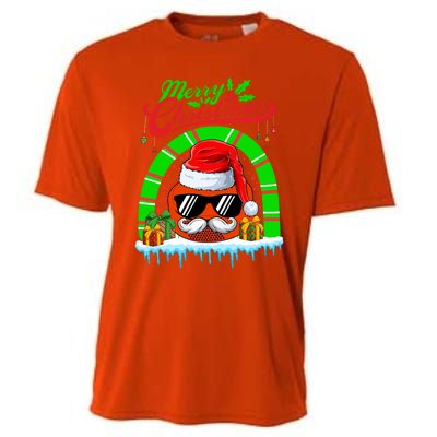 Merry Christmas Santa Ice Hockey Ball Mustache Sunglasses Funny Gift Cooling Performance Crew T-Shirt