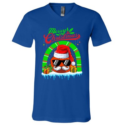 Merry Christmas Santa Ice Hockey Ball Mustache Sunglasses Funny Gift V-Neck T-Shirt