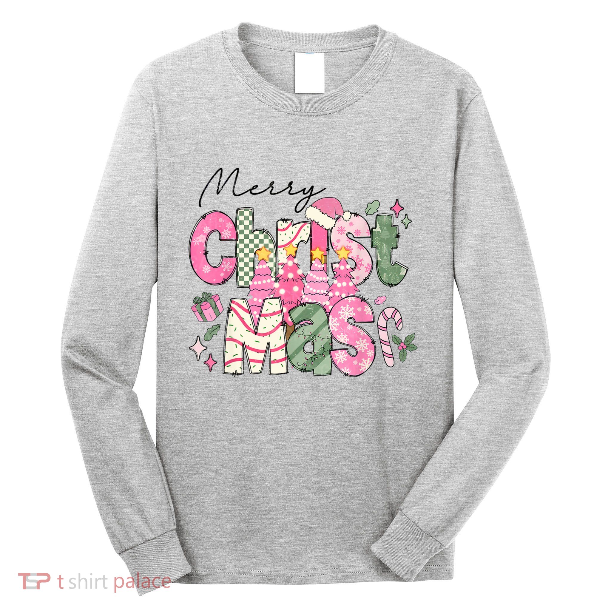 Merry Christmas Santa Hat Xmas Tree Cake Long Sleeve Shirt