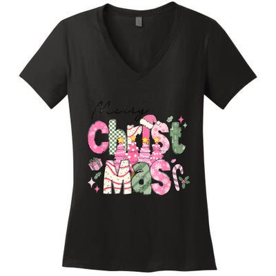 Merry Christmas Santa Hat Xmas Tree Cake Women's V-Neck T-Shirt