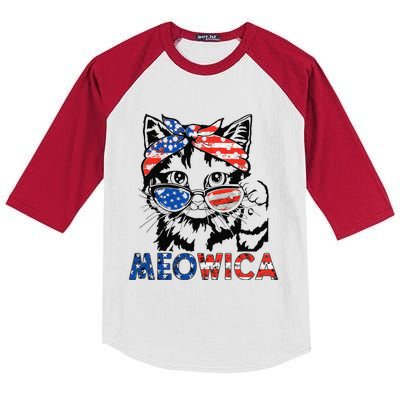 meowica cat Sunglasses american flag 4th of july merica usa Kids Colorblock Raglan Jersey