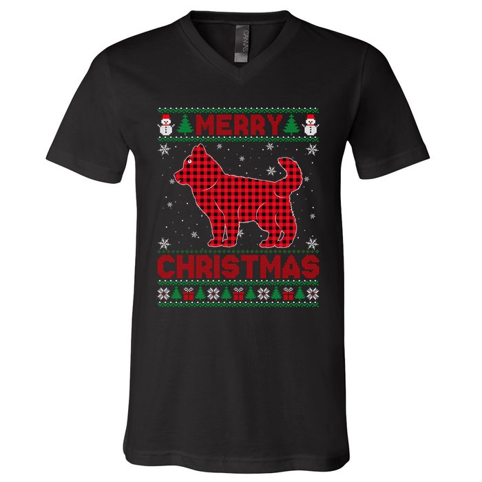 Merry Christmas Siberian Husky Dog Buffalo Red Plaid Sweater Long Sleeve V-Neck T-Shirt