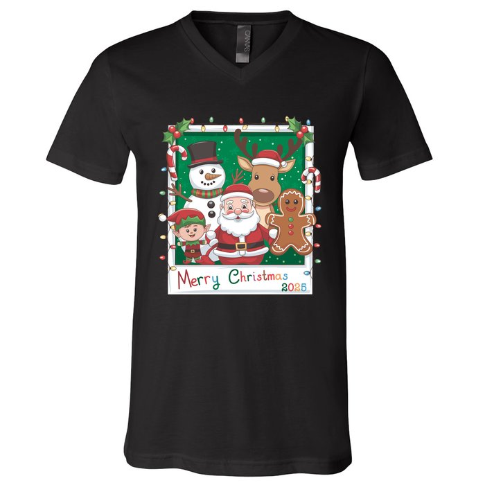 Merry Christmas Santa Elf Reindeer Snowman Gingerbread V-Neck T-Shirt