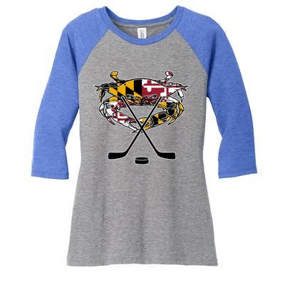 Maryland Crab State Pride Flag Gift Ice Hockey And Blue Crab Gift Women's Tri-Blend 3/4-Sleeve Raglan Shirt