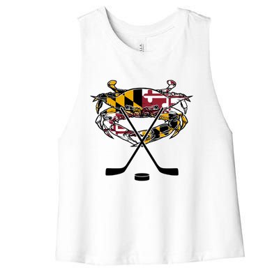 Maryland Crab State Pride Flag Gift Ice Hockey And Blue Crab Gift Women's Racerback Cropped Tank