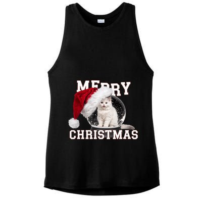 Merry Christmas Snow Globe White Cat Xmas Gift Ladies PosiCharge Tri-Blend Wicking Tank
