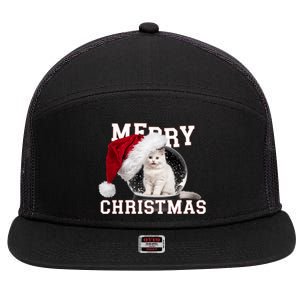 Merry Christmas Snow Globe White Cat Xmas Gift 7 Panel Mesh Trucker Snapback Hat