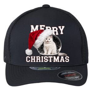 Merry Christmas Snow Globe White Cat Xmas Gift Flexfit Unipanel Trucker Cap