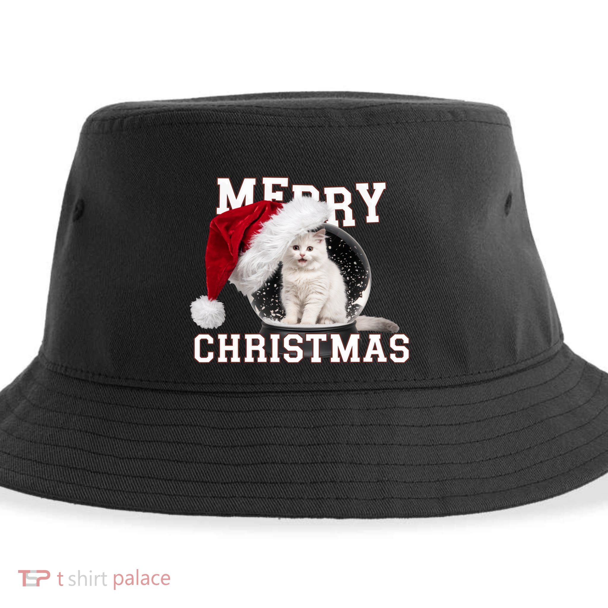 Merry Christmas Snow Globe White Cat Xmas Gift Sustainable Bucket Hat