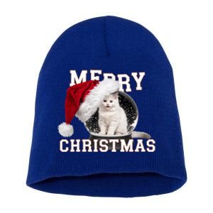 Merry Christmas Snow Globe White Cat Xmas Gift Short Acrylic Beanie