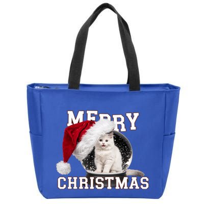 Merry Christmas Snow Globe White Cat Xmas Gift Zip Tote Bag